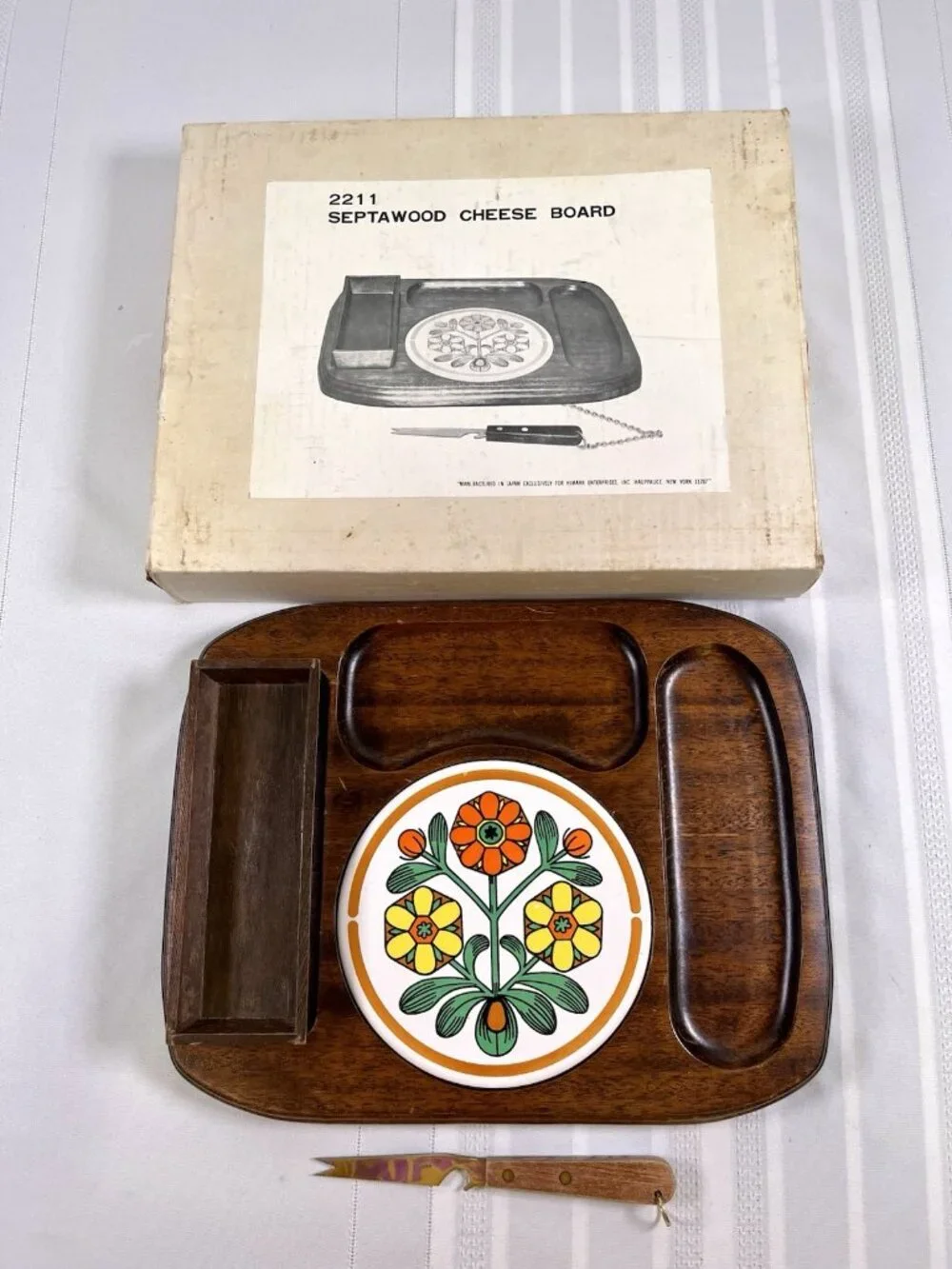 VTG 1970s Himark Septawood Cheese Board Serving MCM Retro Mod Flower Power